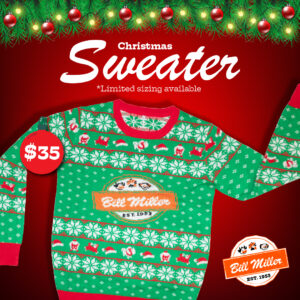 Christmas Sweater. *Limited sizing available. $35 price sticker. Bill Miller logo in the bottom right. Image includes Bill Miller Christmas sweater on a red background. Garland and ornaments outline the top of the image.