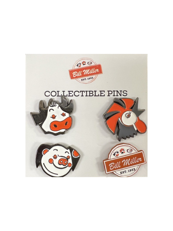Collectible enamel pins. 4 pack - cow pig chicken and Bill Miller logo enamel pins