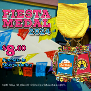 Fiesta Medal 2024. $8.00 Purchase in store or online. Arriving at all locations by 3/5/24. Fiesta medal net proceeds to benefit our scholarship program. Image of our 2024 fiesta medal showing the Bill Miller side and Laguna Madre side with a papel picado background.