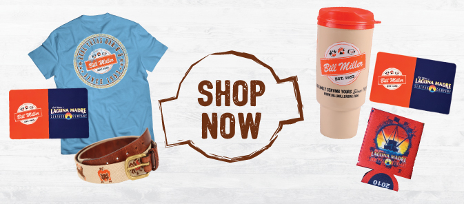 Image includes Shop Now Button icon, Camo Cooler, Two co branded gift cards with Bill Miller and Laguna Madre, a Bill Miller belt, 2023 Fiesta medal, and a 70th anniversary Texas Tea Bucket.