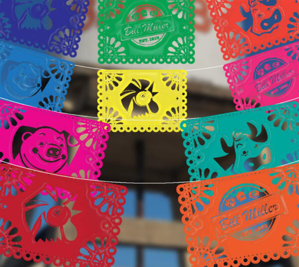 Image includes 10 colorful Bill Miller Papel Picados with the cow, chicken, pig, and Bill Miller logo.