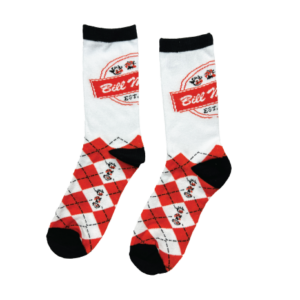 Image of a pair of Bill Miller socks with the logo and animals featured on a cross stitch design