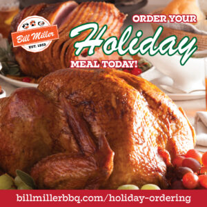 Bill Miller logo. Order your Holiday meal today! Billmillerbbq.com/holiday-ordering . The image includes a turkey tom garnished with grapes and greenery, and our honey glazed ham garnished with greenery, cherries, and sliced pineapple on a white plate. With brown gravy and dinner rolls placed on the side.