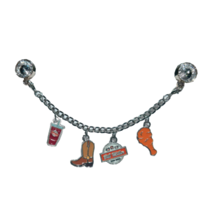 Bill Miller shoe charm chain. Includes enamel charms of iced tea, a boot, Bill Miller logo, and a fried chicken leg